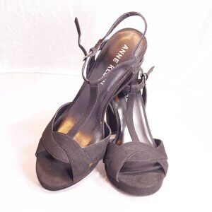 Anne Klein Black Suede Chunky Black T -Strip Heels Sz 10